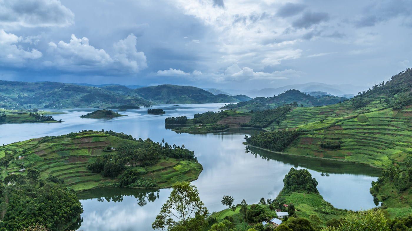 Lake Bunyonyi van boven gefotografeerd