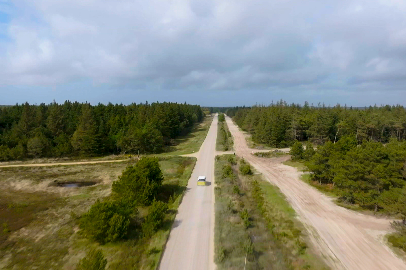 Weg met auto die door Denemarken rijdt en bos van bovenaf gefotografeerd