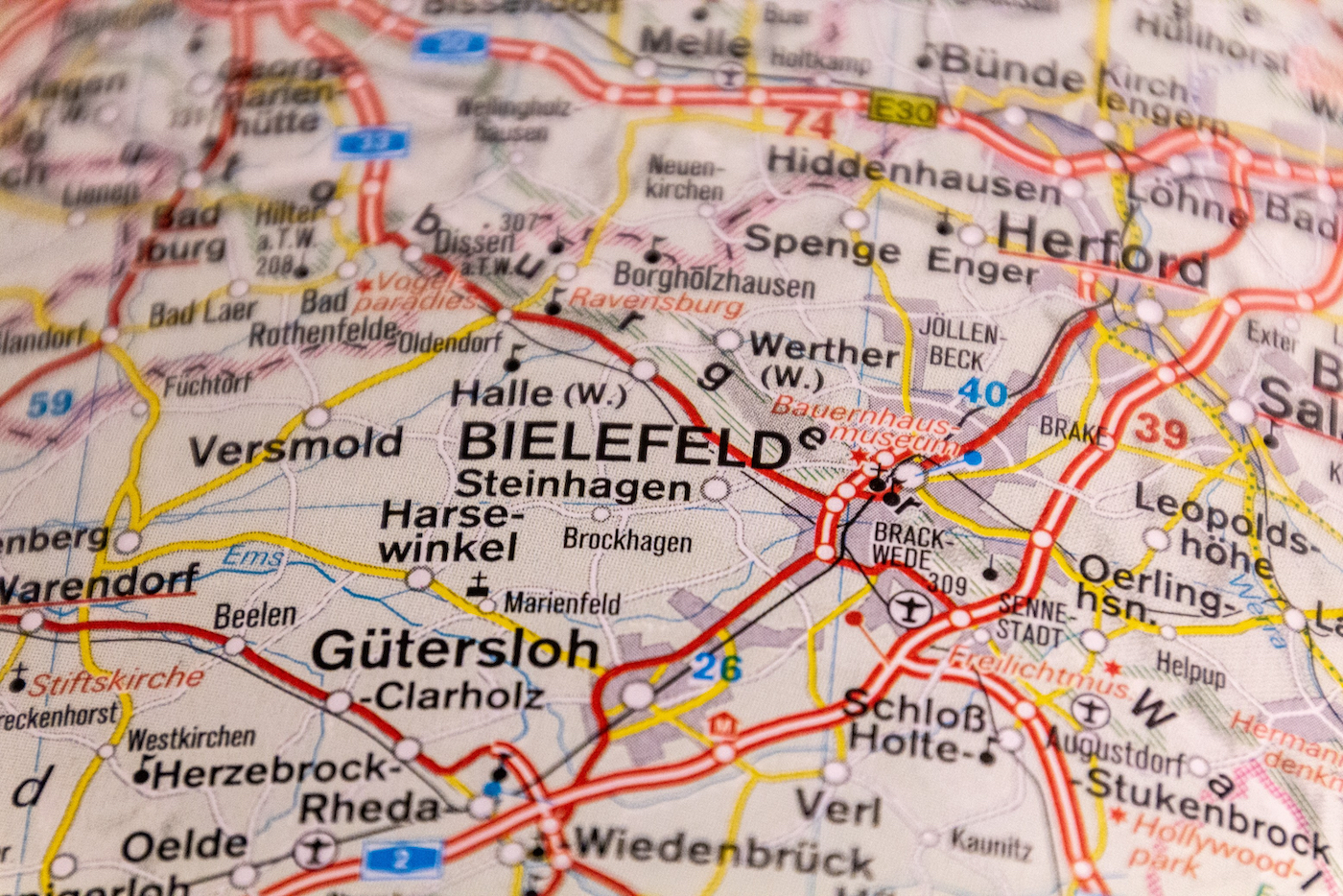 Bielefeld op een landkaart in Duitsland