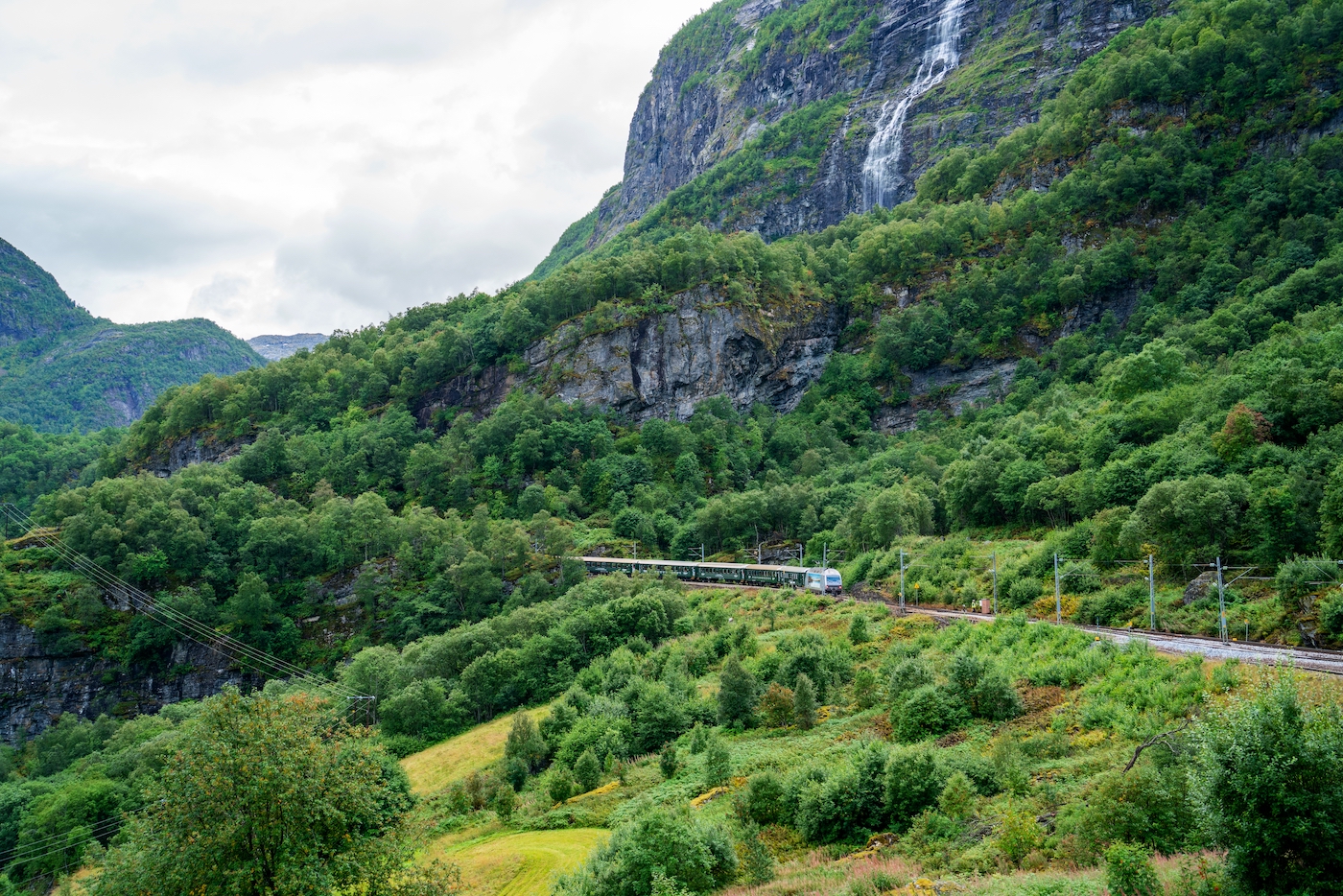 Trein rijdt door landschap Noorwegen Flam-Myrdal